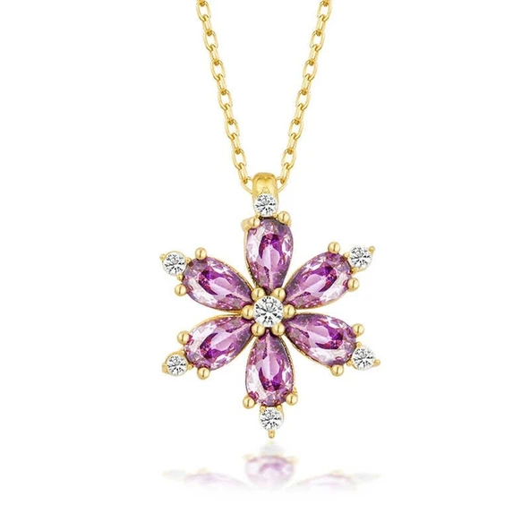 Gümüş Gold Mor Lotus Çiçeği Kadın Kolye ürün görseli 1