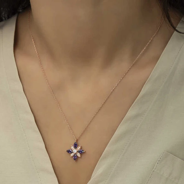 Gümüş Rose Mor Taşlı Umut Çiçeği Kolye - Resim 4