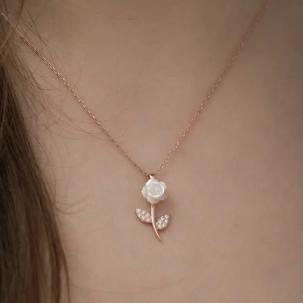 Gümüş Rose Beyaz Gül Kolye - Resim 3