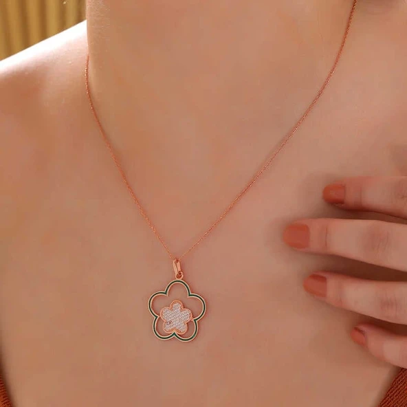 ​Gümüş Rose Çiçek Desenli Kadın Kolye - Resim 2