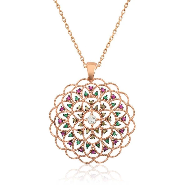 Gümüş Rose Geometrik Desenli Madalyon Kolye ürün görseli 1