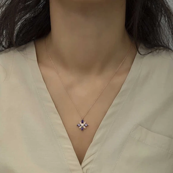 Gümüş Rose Mor Taşlı Umut Çiçeği Kolye - Resim 2