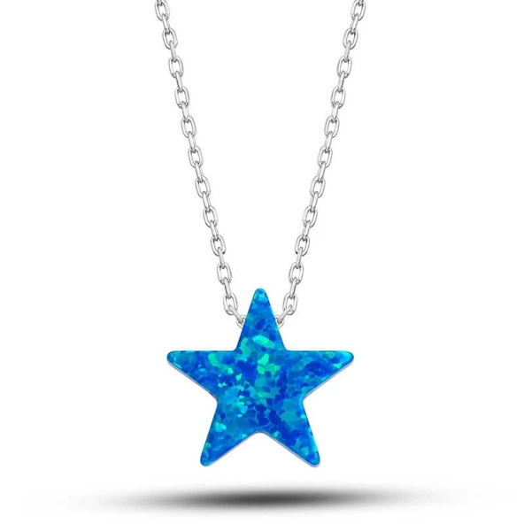 ​Gümüş Opal Mavi Taşlı Yıldız Kadın Kolye ürün görseli 1