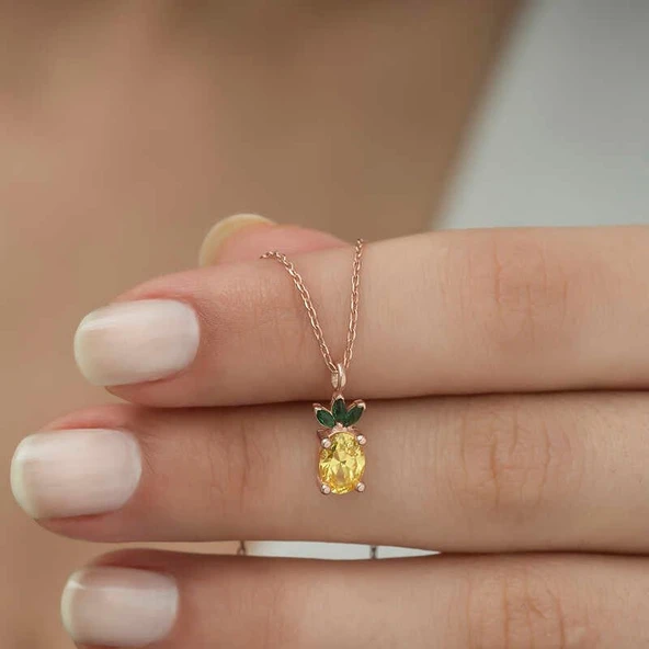 ​Gümüş Rose Ananas Figür Meyve Kolye - Resim 3