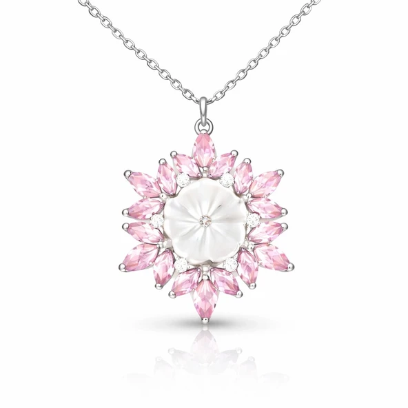 Gümüş Pembe Lotus Desenli Çiçek Kadın Kolye ürün görseli 1