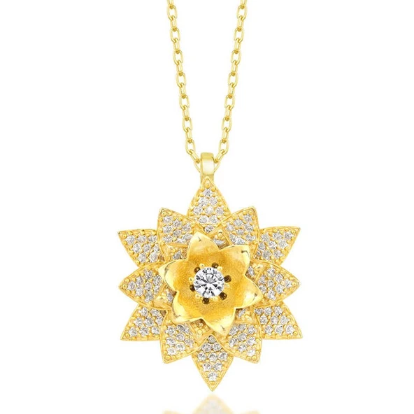 Gümüş Gold Beyaz Taşlı Lotus Çiçeği Kadın Kolye ürün görseli 1