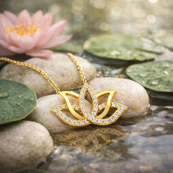 Gümüş Gold Lotus Çiçeği Kadın Kolye - Resim 2