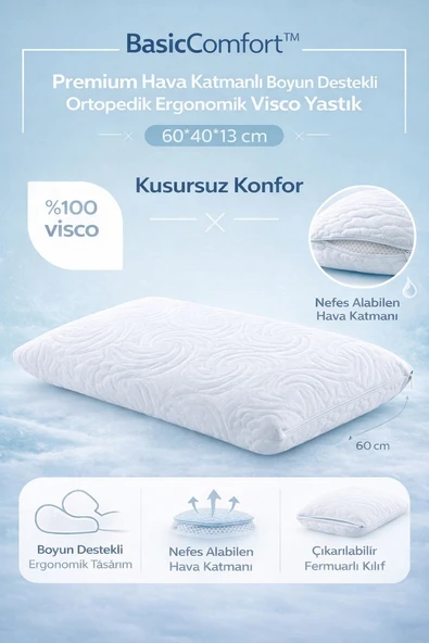 Basiccomfort premium hava katmanlı boyun destekli ortopedik ergonomik visco yastık ürün görseli 1