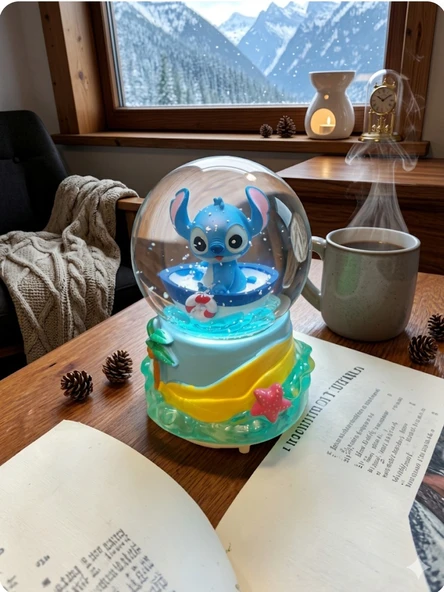 Stitch Müzikli Işıklı 10cm-8cm kayıklı Kar küre ürün görseli 1