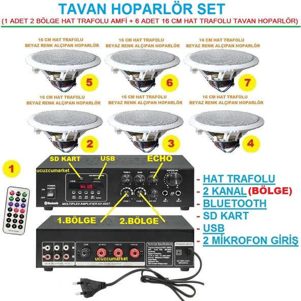 Tavan Hoparlör Seti (1 Adet Hat Trafolu 2 BÖLGE Amfi + 6 Adet 16 cm Hat Tafolu Tavan Hoparlör ürün görseli 1