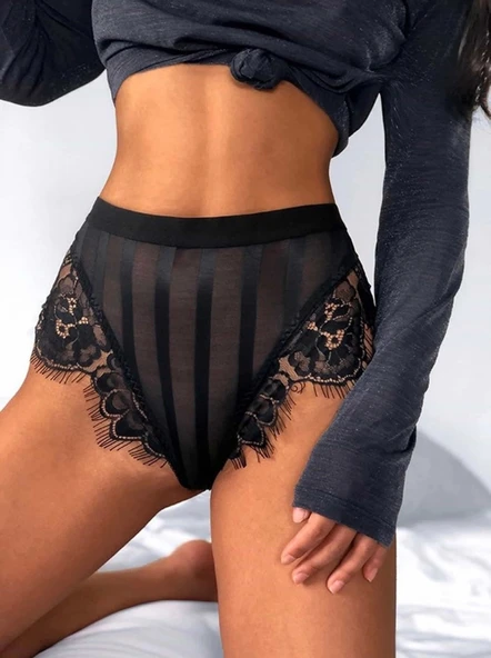 Siyah Floral Dantelli ve Yüksek Bel Şeritli String | Noir Elegance Koleksiyonu ürün görseli 1