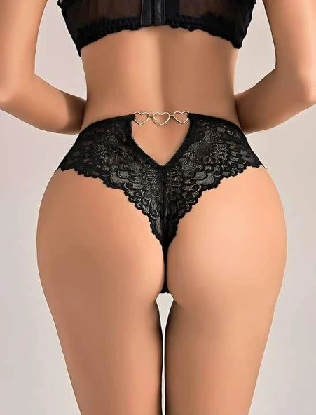 Siyah Floral Dantel İşlemeli ve Arkası Kalp Detaylı String | Secret Love Koleksiyonu ürün görseli 1