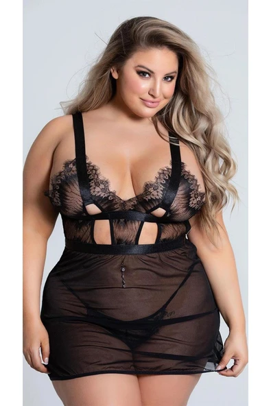 Curvy Essence – Büyük Beden Transparan Tül ve Dantel Detaylı Lüks Gecelik ürün görseli 1