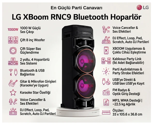 LG Xboom Rnc9 Bluetooth Hoparlör 1000W Parti Ses Gücü ile Şık Siyah Tasarım ürün görseli 1