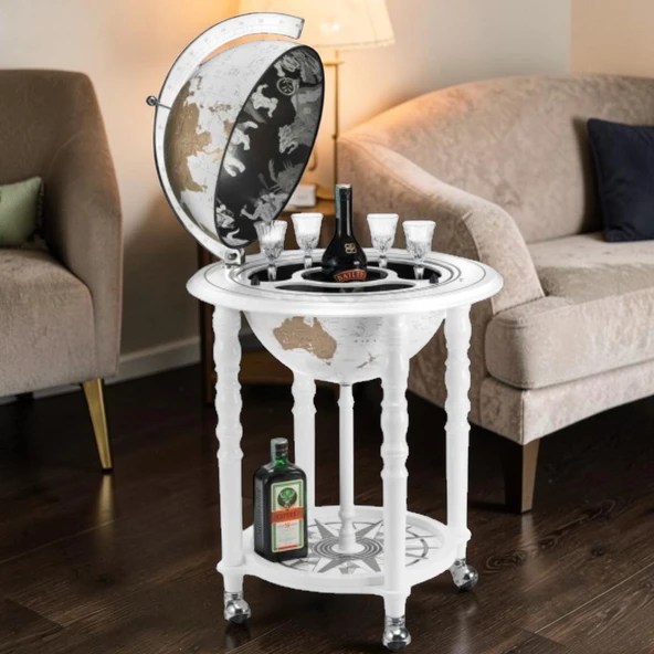 Dekoratif Dünya Bar Z928WW06 Beyaz Globe Bar Lüks İçecek Dolabı 58x58x93 cm ürün görseli 1