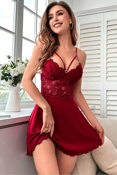 Bordo Saten ve Floral Dantel İşlemeli Gecelik | Deep Crimson Silk Koleksiyonu ürün görseli 1