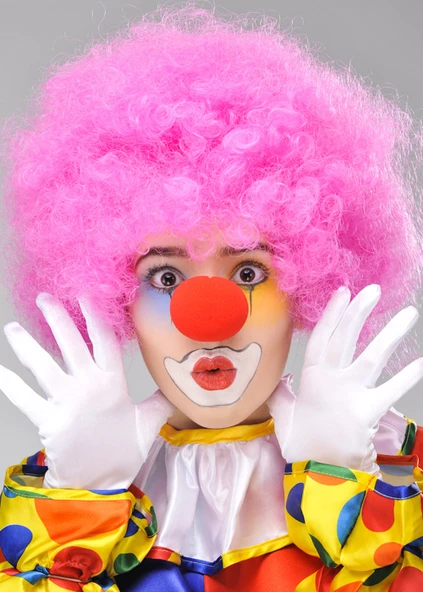 Pembe Renk Kıvırcık Afro Bonus Peruk Takma Saç ve Kırmızı Burun Seti ürün görseli 1
