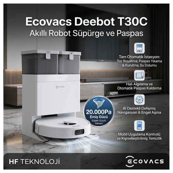 Ecovacs 20.000Pa Emiş Gücü ile Omni Istasyonlu , 75 Derece Sıcak Suda Yıkama , Deebot T30C Robot Süpürge, ürün görseli 1