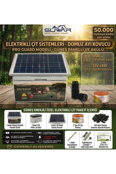 Elektrikli Çit Sistemi Güneş Panelli Akü+İzolatör+Telli İp+Sıkma Aparatı ürün görseli 1