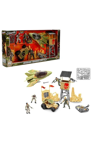 The Corps Mission Terrain Battle Askerî Oyun Seti – Jet, Tank, Arazi Aracı ve 4 Eklemli Asker Figürü ürün görseli 1