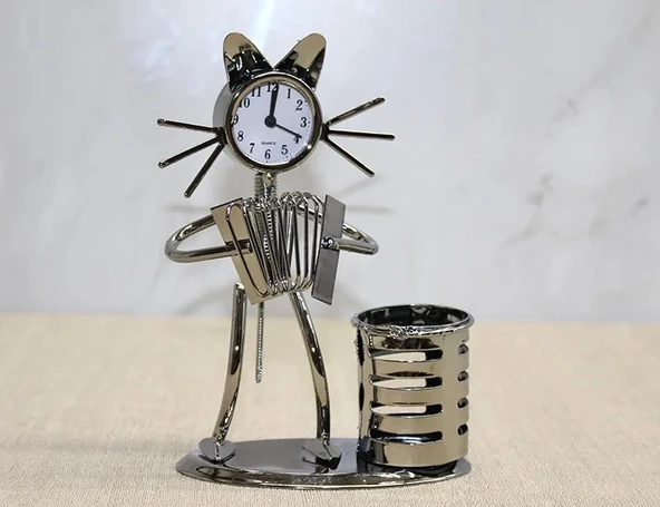 Metal Akordiyon Çalan Müzisyen Kedi Saat Ve Kalemlik ürün görseli 1