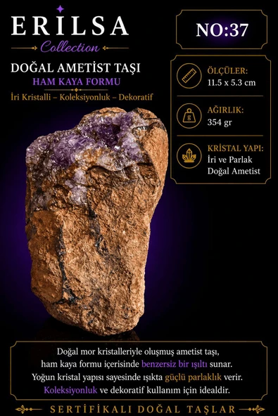 Sertifikalı Doğal Ametist Taşı İri Kristalli Ham Kaya Koleksiyonluk Dekoratif NO37 ürün görseli 1
