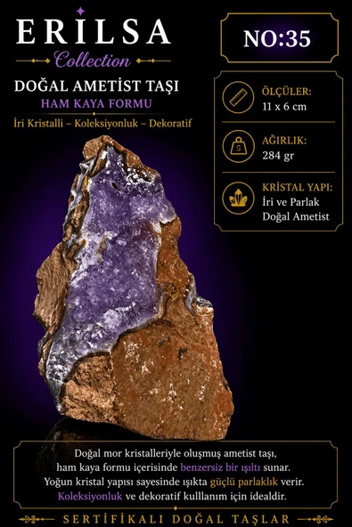 Sertifikalı Doğal Ametist Taşı İri Kristalli Ham Kaya Dekoratif Koleksiyonluk NO35 ürün görseli 1