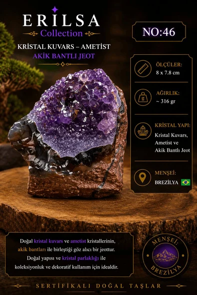 Sertifikalı Kristal Kuvars Ametist Akik Bantlı Jeot Dekoratif Doğal Taş NO46 ürün görseli 1