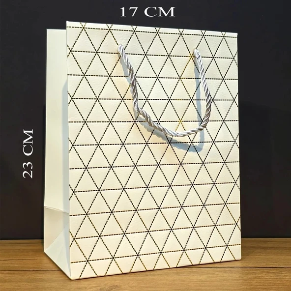 Beyaz Geometrik Desenli Orta Boy Karton Hediye Çantası ürün görseli 1