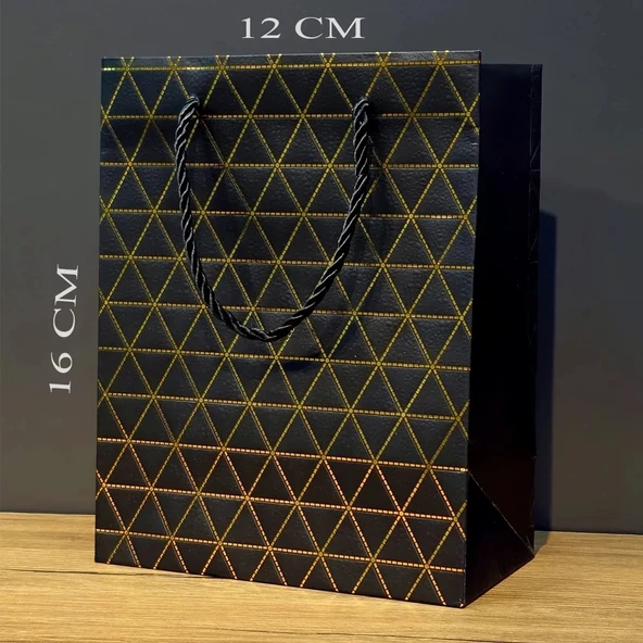 Siyah Geometrik Desenli Mini Boy Karton Hediye Çantası ürün görseli 1