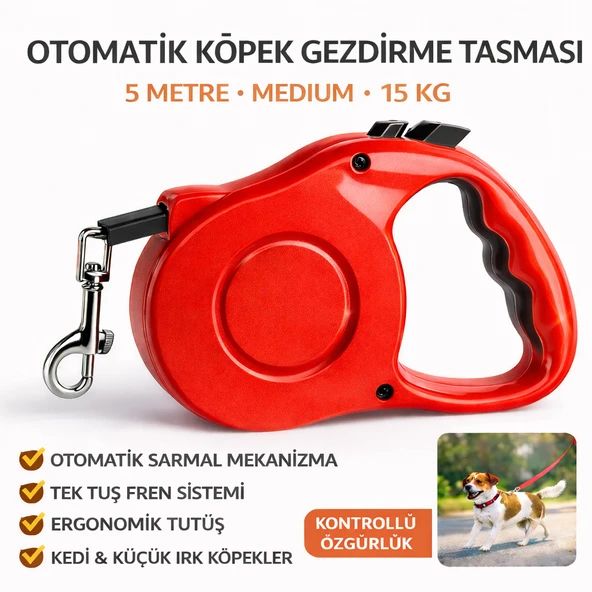 Karamel Pet Otomatik  Köpek Gezdirme Tasması Medium 5 Metre 15 kg Kırmızı ürün görseli 1