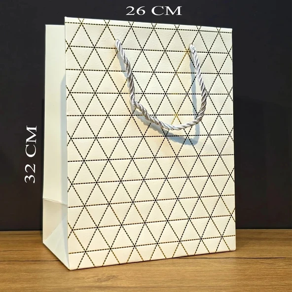 Beyaz Geometrik Desenli Büyük Boy Karton Hediye Çantası ürün görseli 1