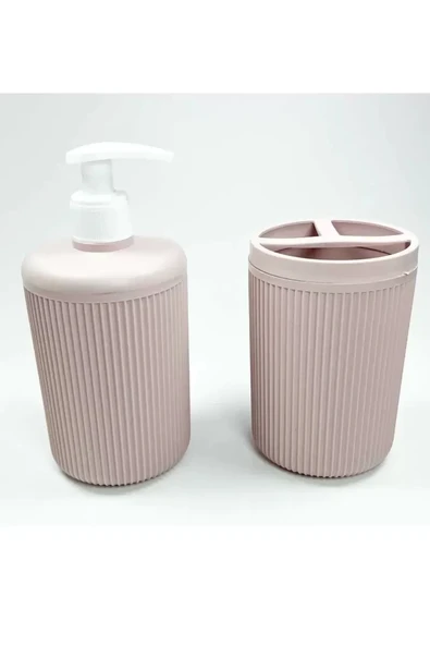 Plastik Sıvı Sabunluk ve Diş Fırçalık Set Renk Pudra ürün görseli 1