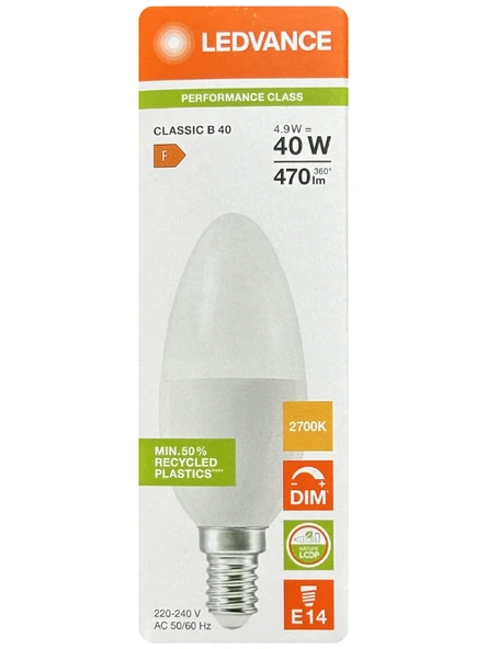 (1 Adet) Ledvance 4,9W Sarı Işık (2700K) E14 Duylu (İnce Duy) Dim Edilebilir Led Ampul ürün görseli 1