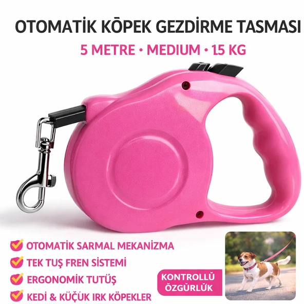 Otomatik Köpek Gezdirme Tasması 5 Metre Medium 15 kg Pembe Kilitli Makaralı Şerit ürün görseli 1