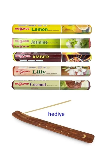 5 Paket 20 Çubuklu Tütsü Lemon - Amber - Lilly- Jasmine - Coconut - Kayık Hediyeli ürün görseli 1