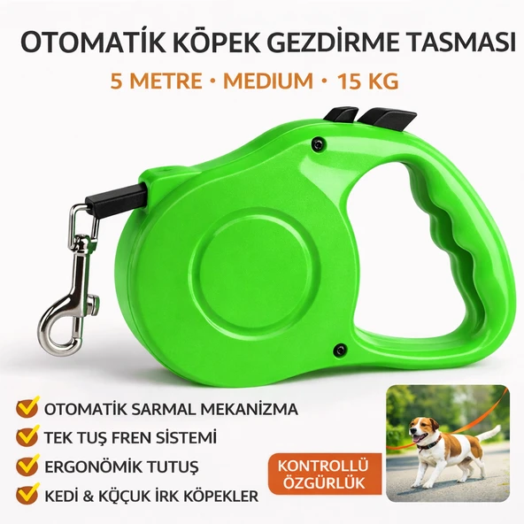 Karamel Pet Otomatik  Köpek Gezdirme Tasması Medium 5 Metre 15 kg Yeşil ürün görseli 1