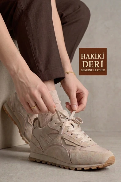 Bej Hakiki Süet Deri Sneaker Casual Kadın Spor Ayakkabı Tukatela ürün görseli 1