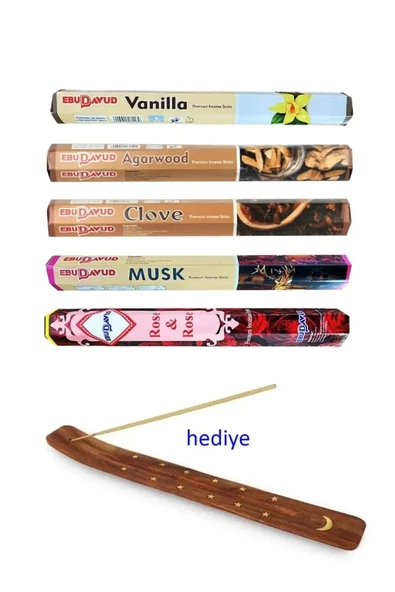 5 Paket 20 Çubuklu Tütsü Vanilla - Musk - Clove - Wood - Redrose - Kayık Hediyeli ürün görseli 1