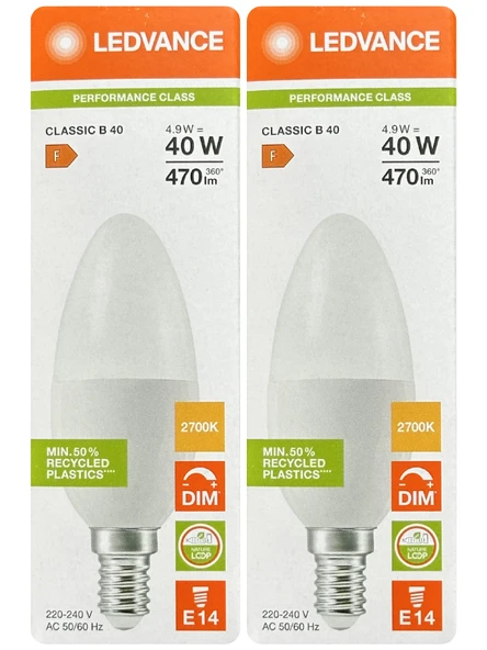(2 Adet) Ledvance 4,9W Sarı Işık (2700K) E14 Duylu (İnce Duy) Dim Edilebilir Led Ampul ürün görseli 1