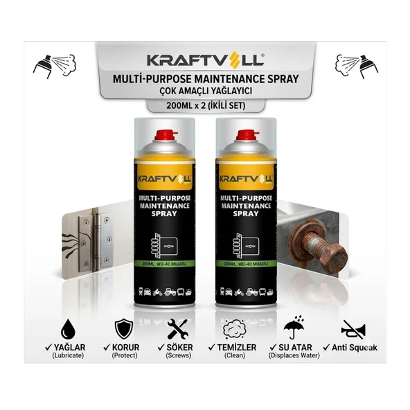 Çok Amaçlı Pas Sökücü Yağlayıcı Sprey 200 ml x 2 Adet - WD-40 Karşılığı Kraftvoll Bakım Seti ürün görseli 1