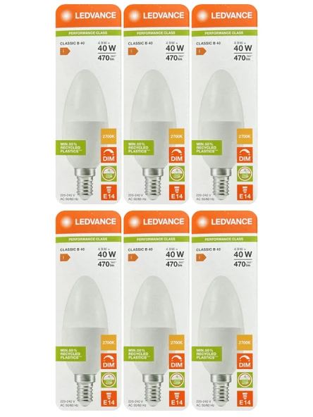 (6 Adet) Ledvance 4,9W Sarı Işık (2700K) E14 Duylu (İnce Duy) Dim Edilebilir Led Ampul ürün görseli 1