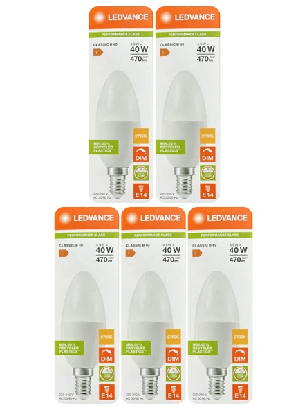 (5 Adet) Ledvance 4,9W Sarı Işık (2700K) E14 Duylu (İnce Duy) Dim Edilebilir Led Ampul ürün görseli 1
