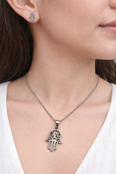 Paslanmaz Çelik Hamsa El Kolye Küpe Seti Gümüş Renk Unisex Takı ürün görseli 1