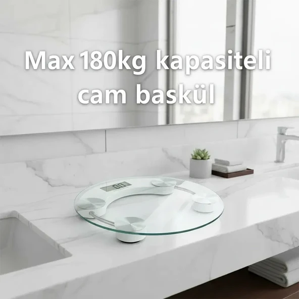 Yuvarlak Şeffaf Dijital Cam Baskül Tartı - 180 Kg Taşıma Kapasitesi, Hassas Ölçüm, Şık Tasarım Terazi ürün görseli 1