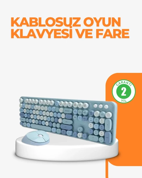 Kablosuz Retro Klavye Ve Mouse Seti - 104 Tuşlu Sevimli Tasarım ürün görseli 1
