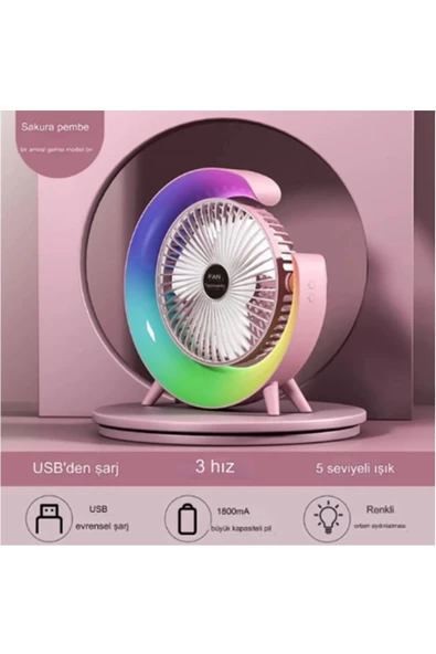 Masaüstü Vantilatör Usb Şarjlı Rgb Led Işıklı 3 Kademeli 180° Ayarlanabilir Soğutucu Fan Pembe ürün görseli 1