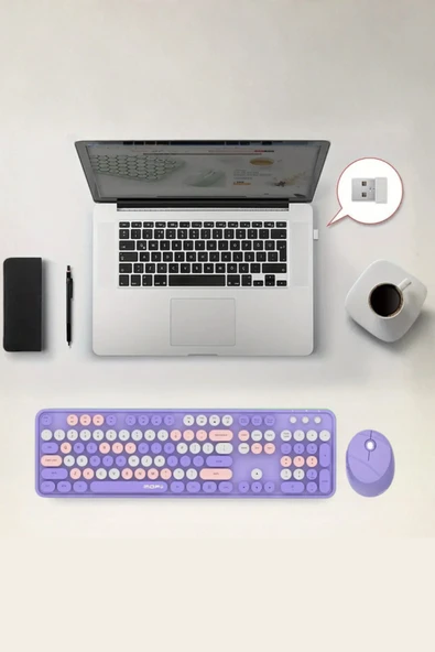 Büro Ev Ofis Bilgisayarı için Sevimli Mor Combo Klavye Mouse Seti - Resim 2