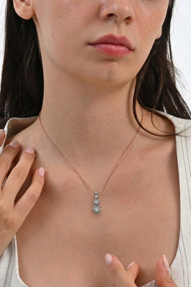 925 Ayar Gümüş Kolye Rose Gold Tria Kolye - Elmas Montürlü Sonsuzluk Işıltılı Kadın Kolye SGTL13342ROSE ürün görseli 1