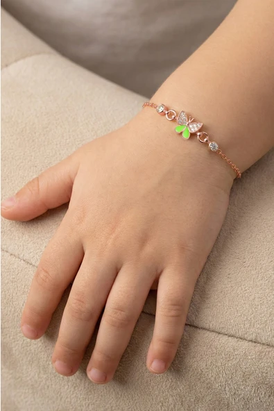 925 Ayar Gümüş Yeşil Mineli Kelebek Çocuk Bilekliği - Rose Altın Kaplama Bebek Künyesi SGTL13333ROSE ürün görseli 1